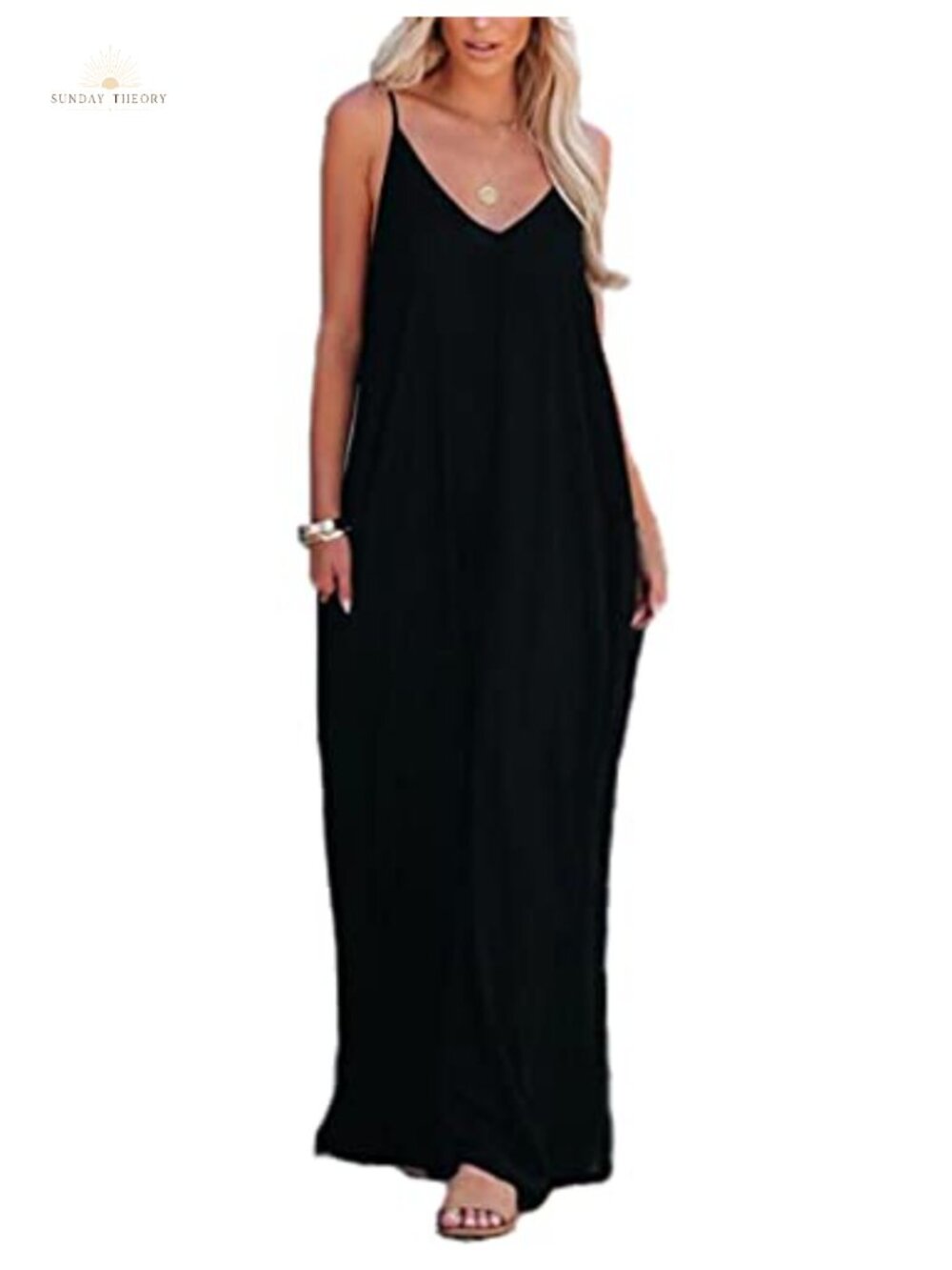 Women's Strappy V Neck Sleeveless Flowy Maxi Beach Dress with Pockets